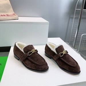 Bottega Veneta Chocolate Suede Loafers with Gold Accent
